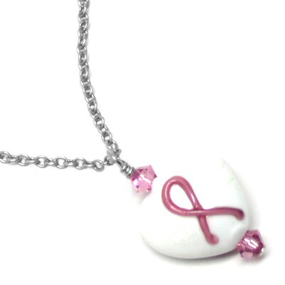 SET Pink Ribbon Awareness White Lamp Work Glass Heart Chain Necklace and Earrings - image4